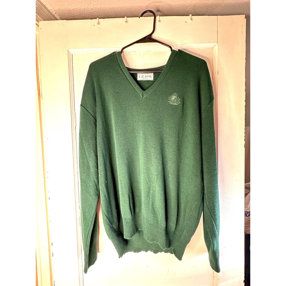 Vintage Izod Mens Green V-Neck Sweater Size Large Made in USA Crest Logo